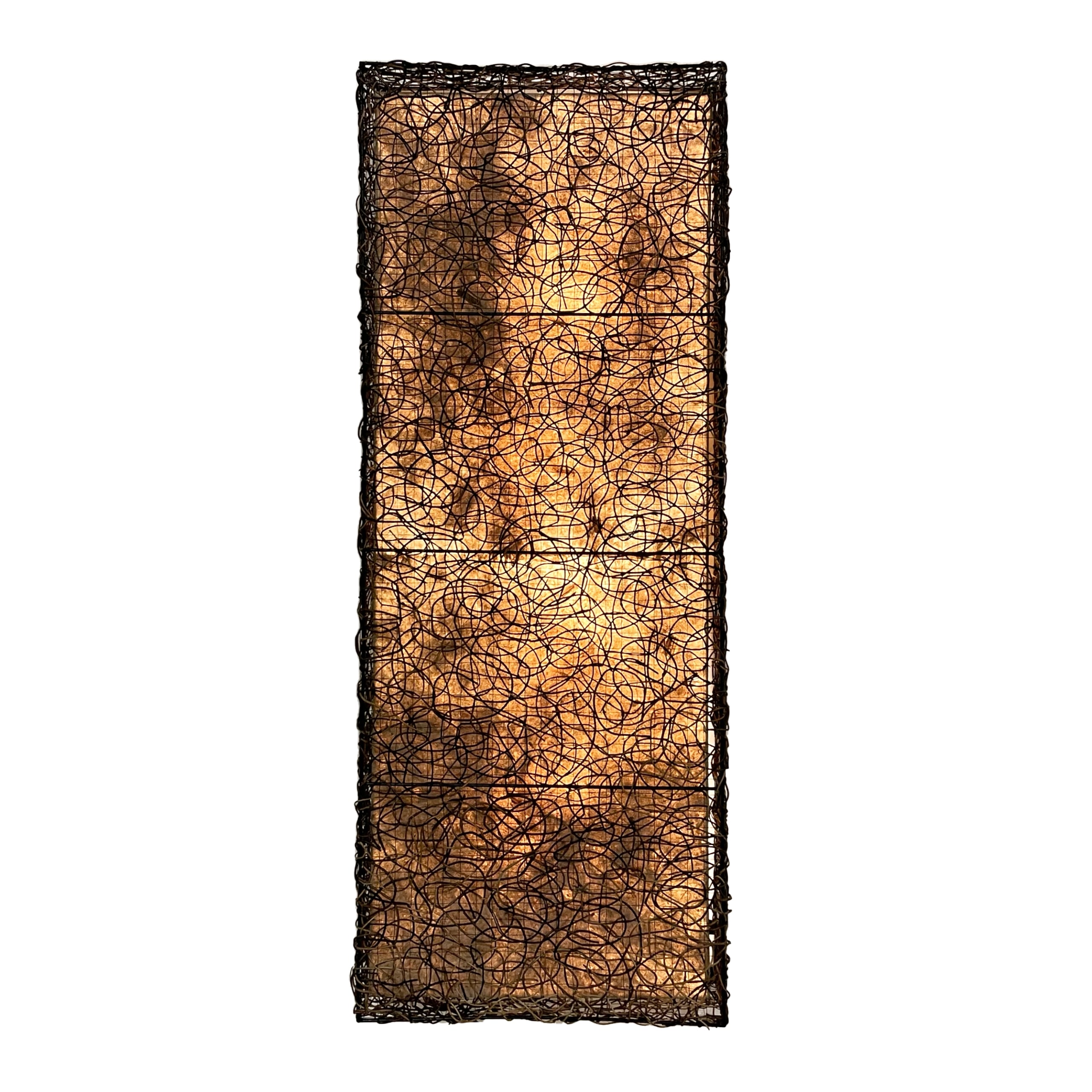 Crafted by the artisans of Eangee Home Design, the Nito Panel Wall Lamp in natural against a clean backdrop, featuring wrought iron frame, recycled paper shade, sustainably sourced.