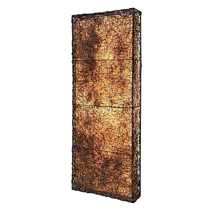 Crafted by the artisans of Eangee Home Design, the Nito Panel Wall Lamp in natural against a clean backdrop, featuring wrought iron frame, recycled paper shade, sustainably sourced.
