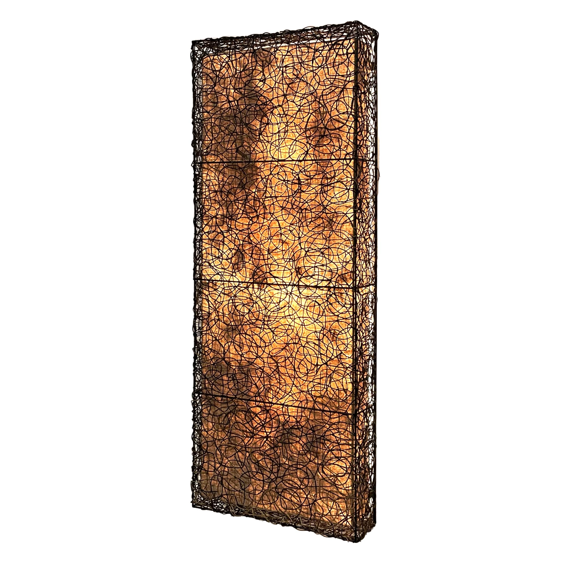Crafted by the artisans of Eangee Home Design, the Nito Panel Wall Lamp in natural against a clean backdrop, featuring wrought iron frame, recycled paper shade, sustainably sourced.