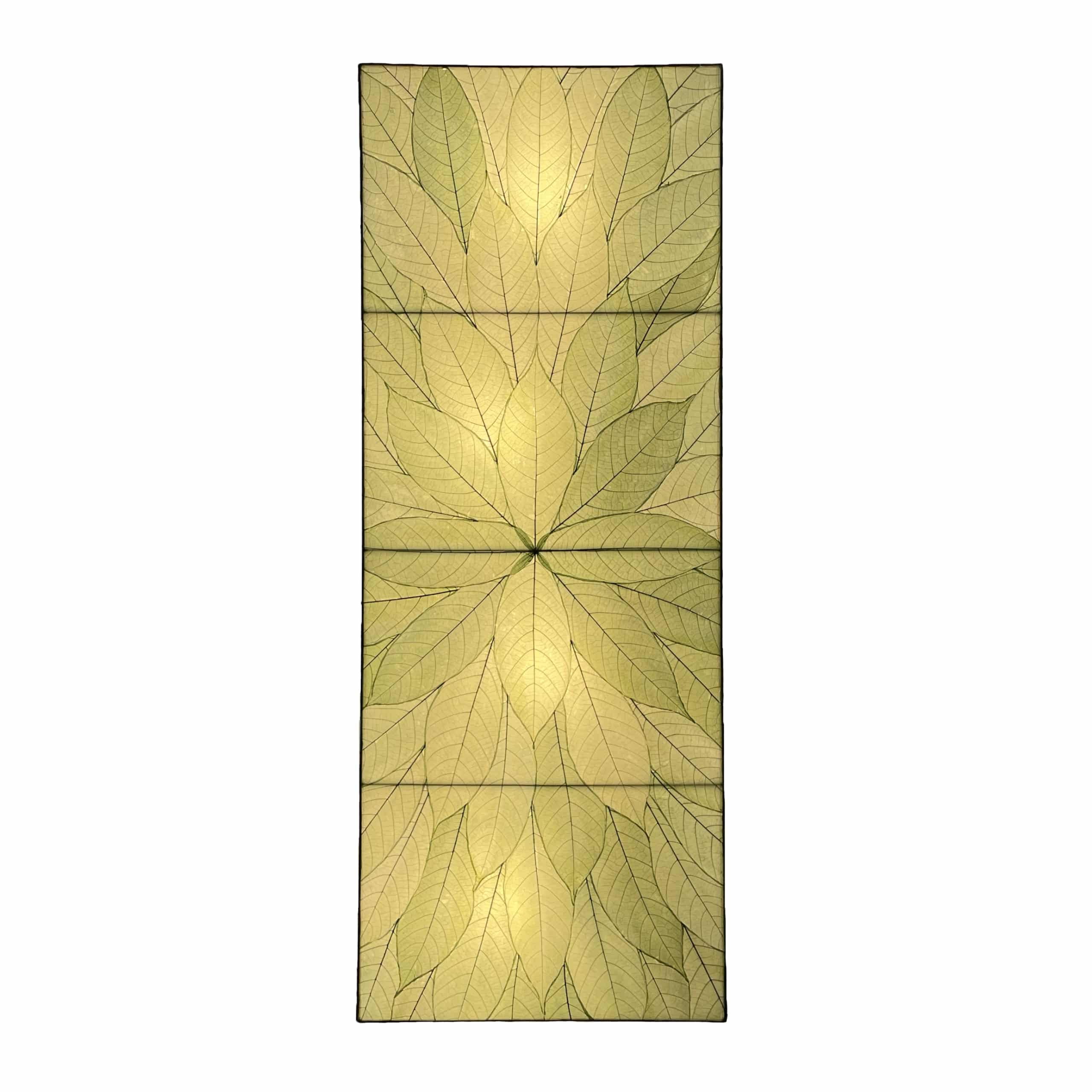 Crafted by the artisans of Eangee Home Design, the Sunburst Panel Wall Lamp in green against a clean backdrop, featuring fossilized cocoa leaf shade, fair trade.
