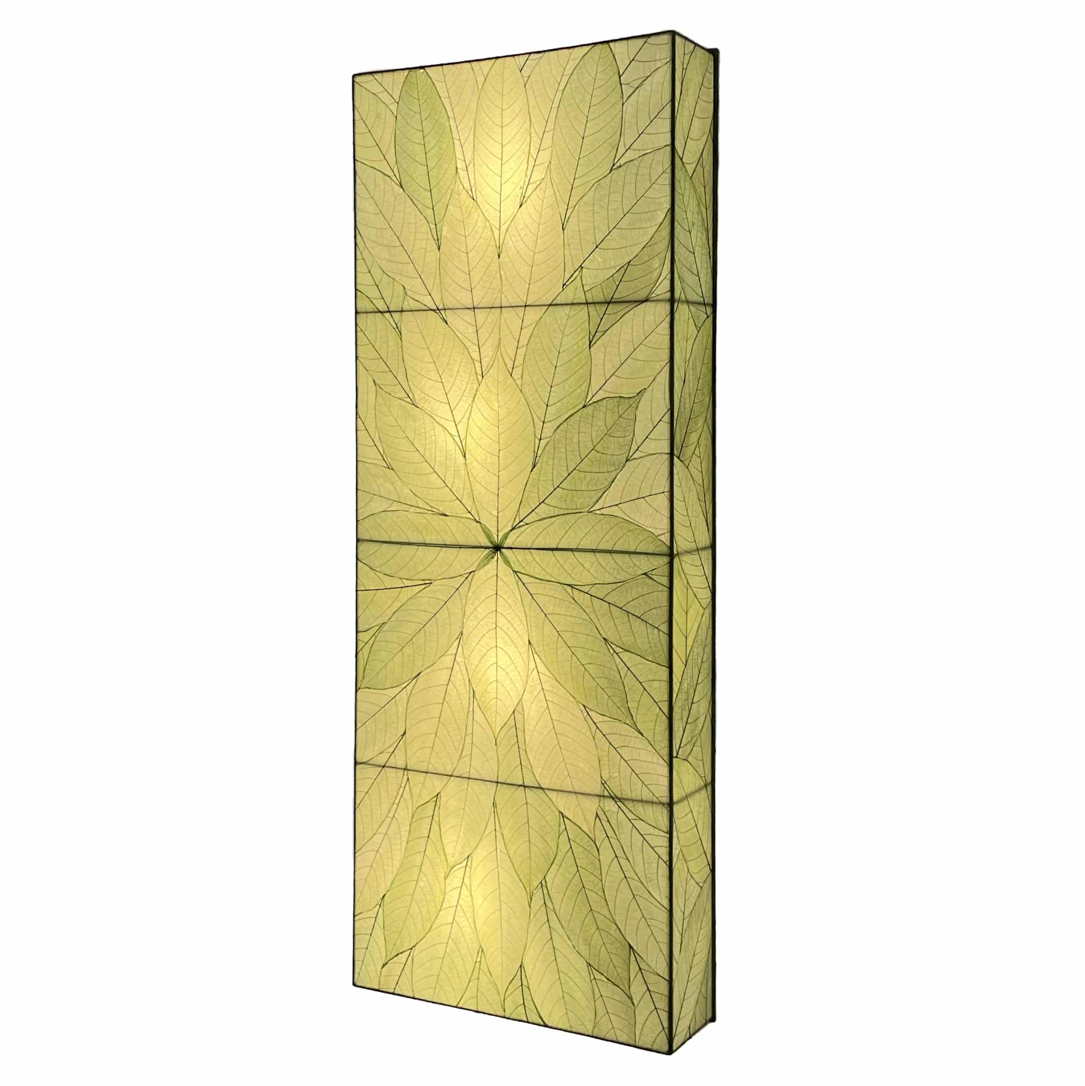 Crafted by the artisans of Eangee Home Design, the Sunburst Panel Wall Lamp in green against a clean backdrop, featuring fossilized cocoa leaf shade, fair trade.