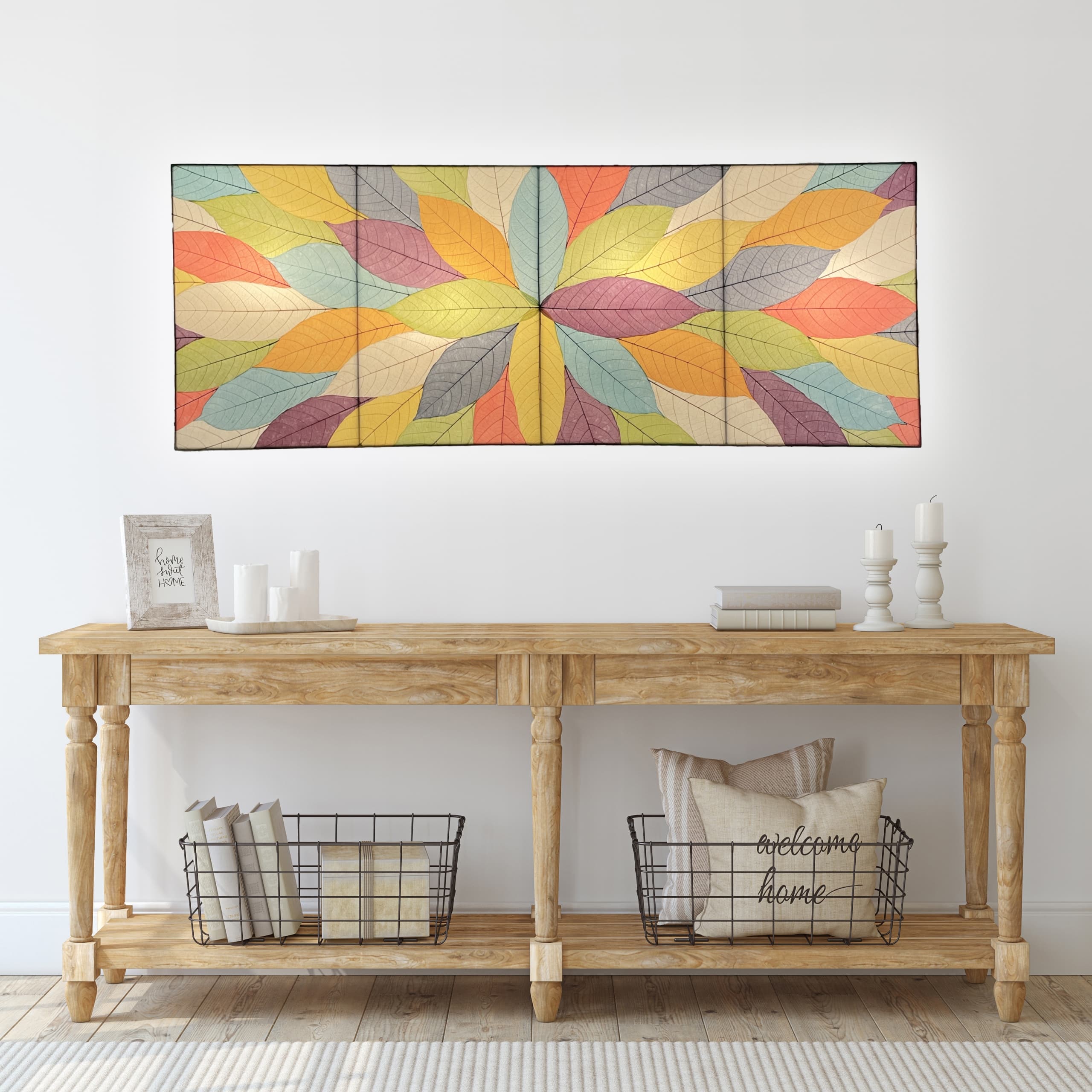 Crafted by the artisans of Eangee Home Design, the Sunburst Panel Wall Lamp in multi color against a clean backdrop, featuring fossilized cocoa leaf shade, fair trade.