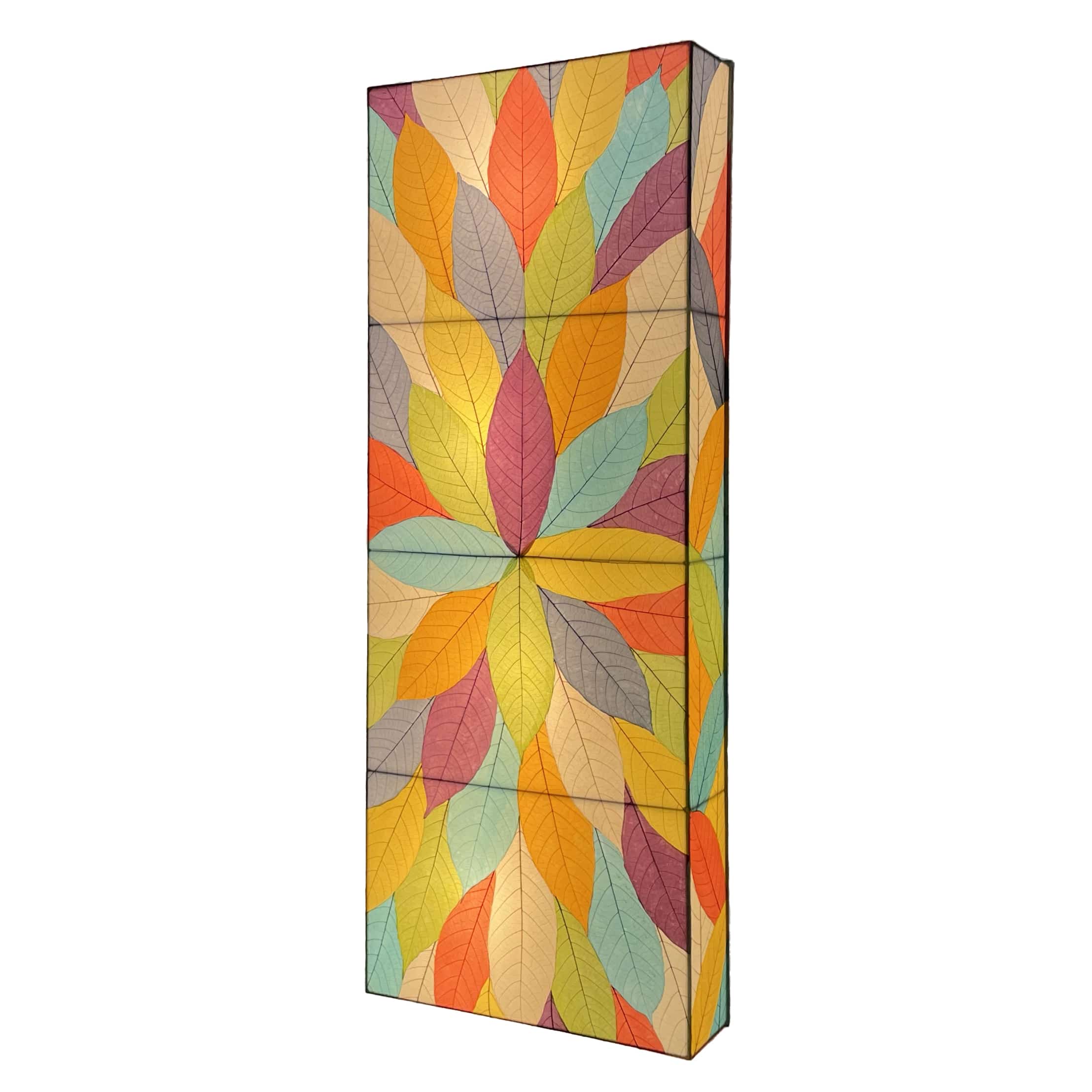 Crafted by the artisans of Eangee Home Design, the Sunburst Panel Wall Lamp in multi color against a clean backdrop, featuring fossilized cocoa leaf shade, fair trade.
