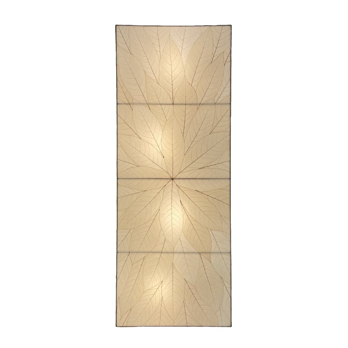 Crafted by the artisans of Eangee Home Design, the Sunburst Panel Wall Lamp in natural against a clean backdrop, featuring fossilized cocoa leaf shade, fair trade.