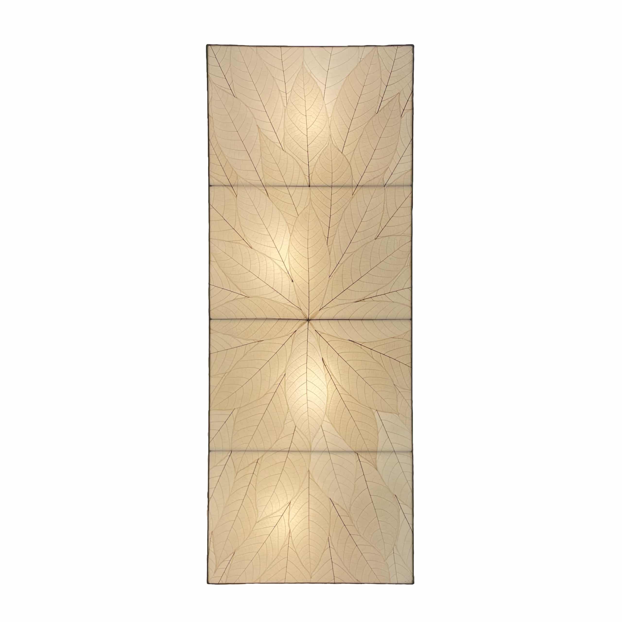 Crafted by the artisans of Eangee Home Design, the Sunburst Panel Wall Lamp in natural against a clean backdrop, featuring fossilized cocoa leaf shade, fair trade.