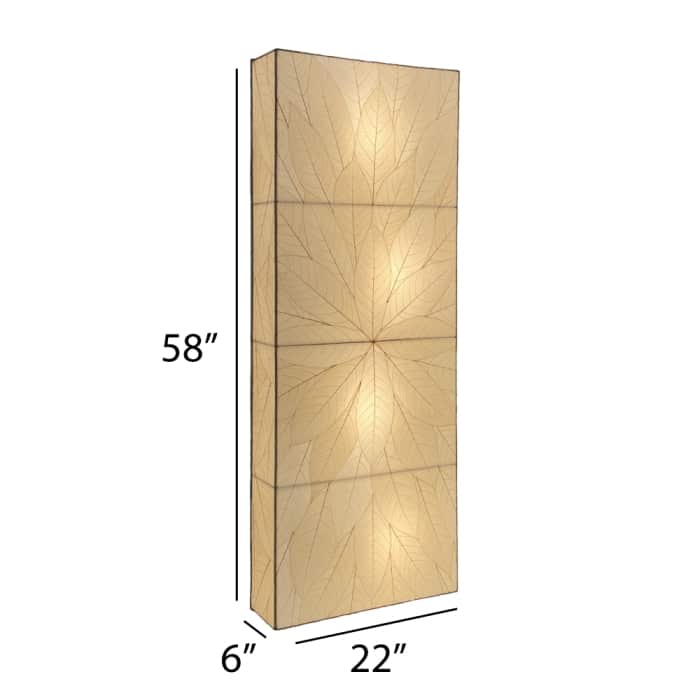 Crafted by the artisans of Eangee Home Design, the Sunburst Panel Wall Lamp in natural against a clean backdrop, featuring fossilized cocoa leaf shade, fair trade.