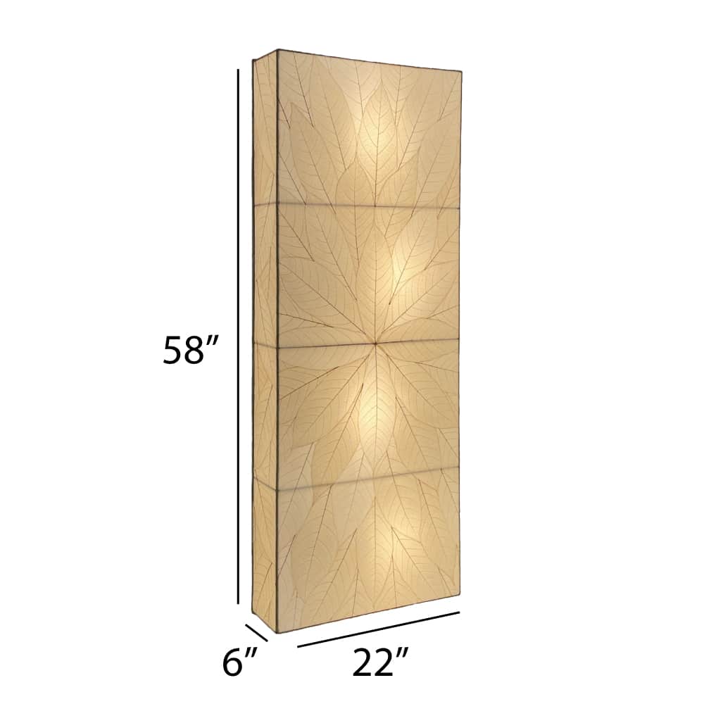 Crafted by the artisans of Eangee Home Design, the Sunburst Panel Wall Lamp in natural against a clean backdrop, featuring fossilized cocoa leaf shade, fair trade.