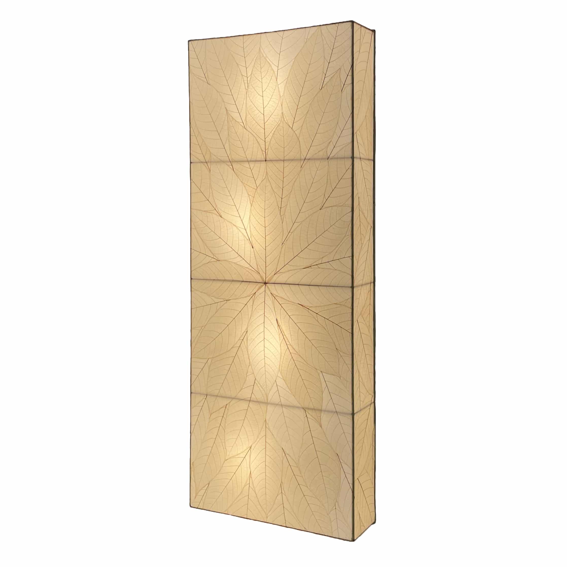 Crafted by the artisans of Eangee Home Design, the Sunburst Panel Wall Lamp in natural against a clean backdrop, featuring fossilized cocoa leaf shade, fair trade.