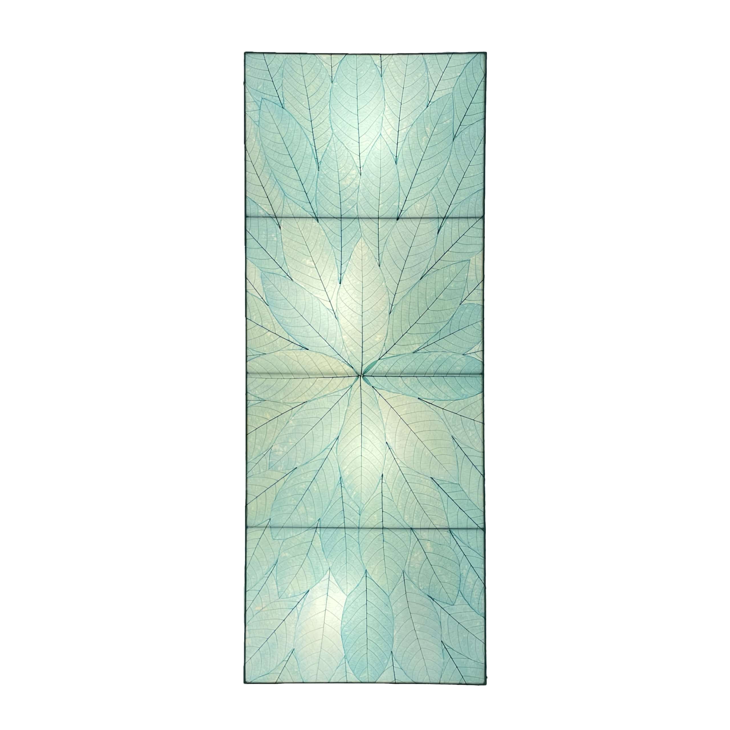 Crafted by the artisans of Eangee Home Design, the Sunburst Panel Wall Lamp in sea blue against a clean backdrop, featuring fossilized cocoa leaf shade, fair trade.