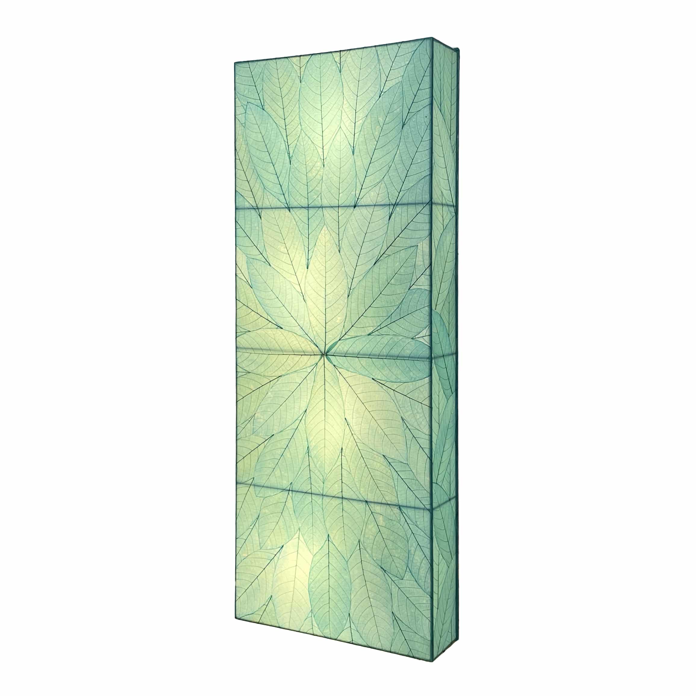 Crafted by the artisans of Eangee Home Design, the Sunburst Panel Wall Lamp in sea blue against a clean backdrop, featuring fossilized cocoa leaf shade, fair trade.