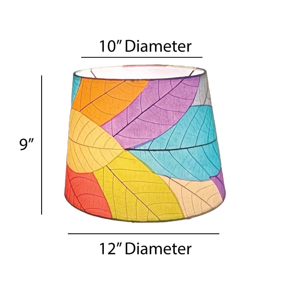 Crafted by the artisans of Eangee Home Design, the 12 Inch Tapered Drum Shade in multi color against a clean backdrop, featuring fossilized cocoa leaf shade, fair trade.