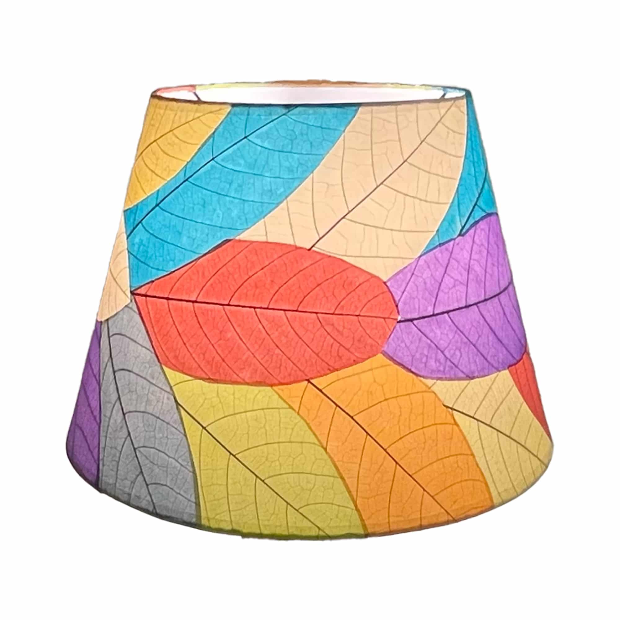 Crafted by the artisans of Eangee Home Design, the 16 Inch British Empire Shade in multi color against a clean backdrop, featuring fossilized cocoa leaf shade, wrought iron frame, fair trade, eco friendly, sustainably sourced.