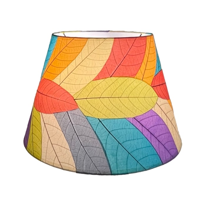Crafted by the artisans of Eangee Home Design, the 18 Inch British Empire Shade in multi color against a clean backdrop, featuring fossilized cocoa leaf shade, wrought iron frame, eco friendly, sustainably sourced.