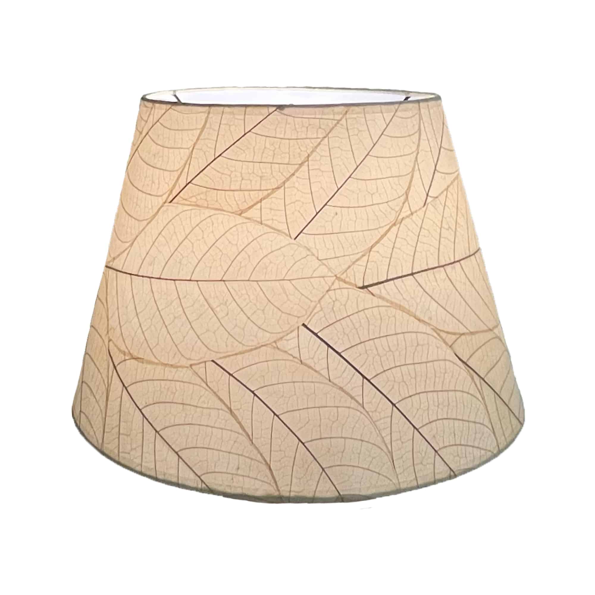 Crafted by the artisans of Eangee Home Design, the 18 Inch British Empire Shade in natural against a clean backdrop, featuring fossilized cocoa leaf shade, wrought iron frame, eco friendly, sustainably sourced.