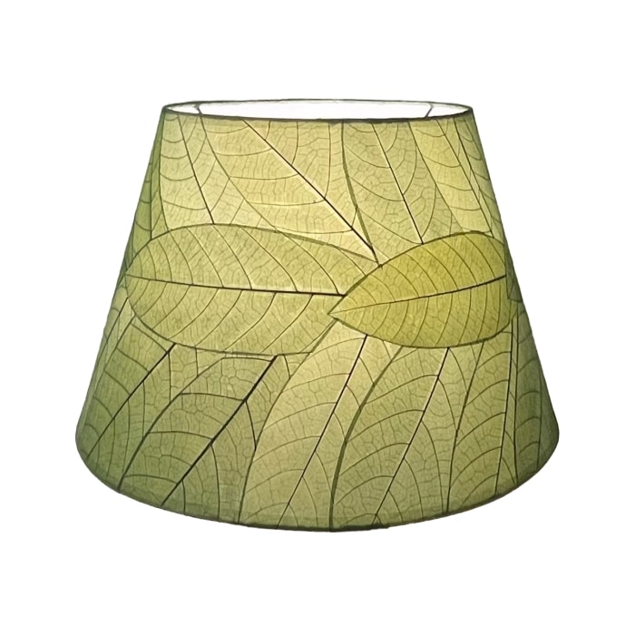 Crafted by the artisans of Eangee Home Design, the 16 Inch British Empire Shade Green Color in  against a clean backdrop, featuring fossilized cocoa leaf shade, wrought iron frame, fair trade, eco friendly, sustainably sourced.