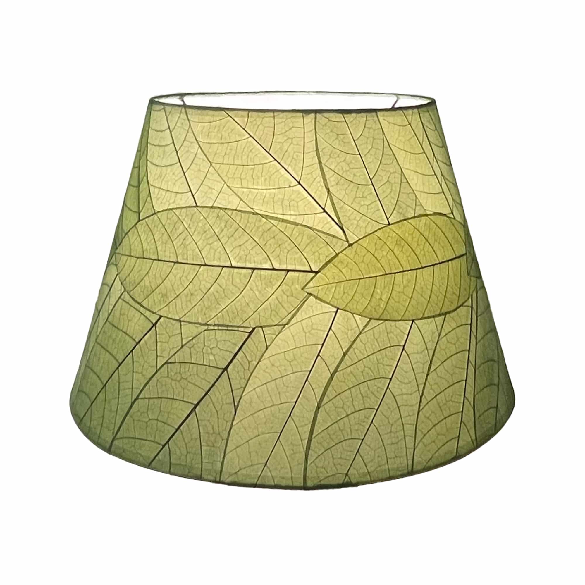 Crafted by the artisans of Eangee Home Design, the 16 Inch British Empire Shade Green Color in  against a clean backdrop, featuring fossilized cocoa leaf shade, wrought iron frame, fair trade, eco friendly, sustainably sourced.