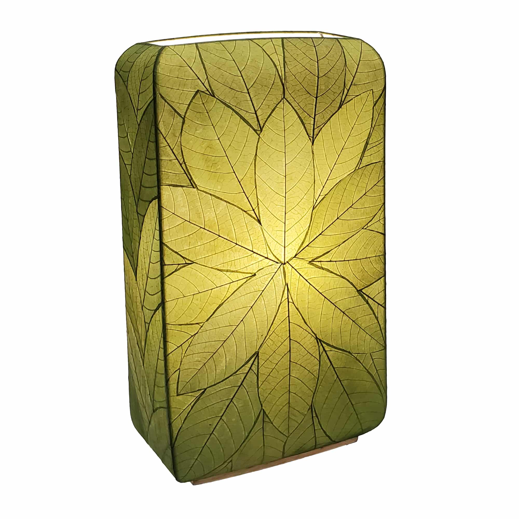 Crafted by the artisans of Eangee Home Design, the Sunburst Giant Floor Lamp in green against a clean backdrop, featuring fossilized cocoa leaf shade, fair trade, handcrafted.