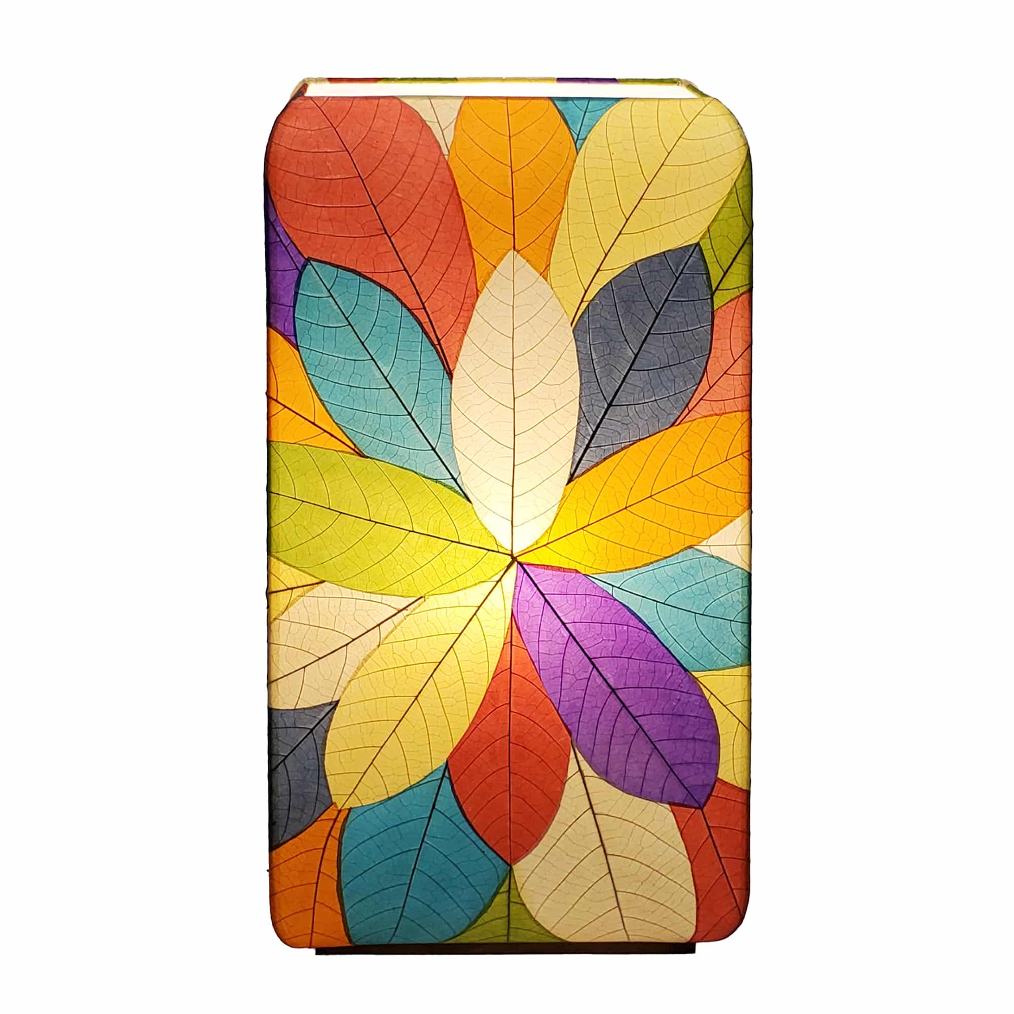 Crafted by the artisans of Eangee Home Design, the Sunburst Giant Floor Lamp in multi color against a clean backdrop, featuring fossilized cocoa leaf shade, fair trade, handcrafted.