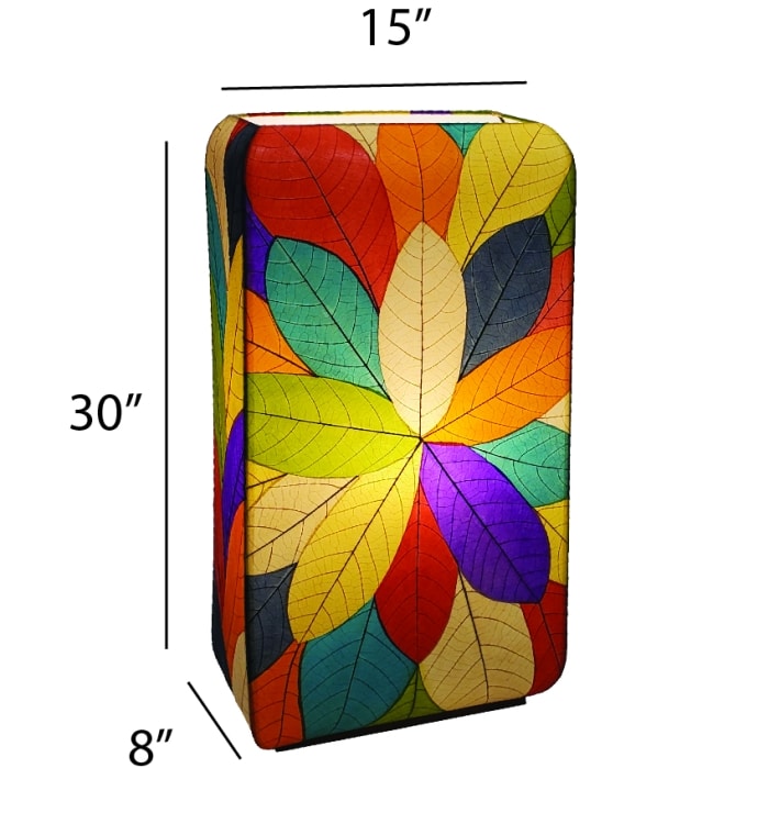 Crafted by the artisans of Eangee Home Design, the Sunburst Giant Floor Lamp in multi color against a clean backdrop, featuring fossilized cocoa leaf shade, fair trade, handcrafted.