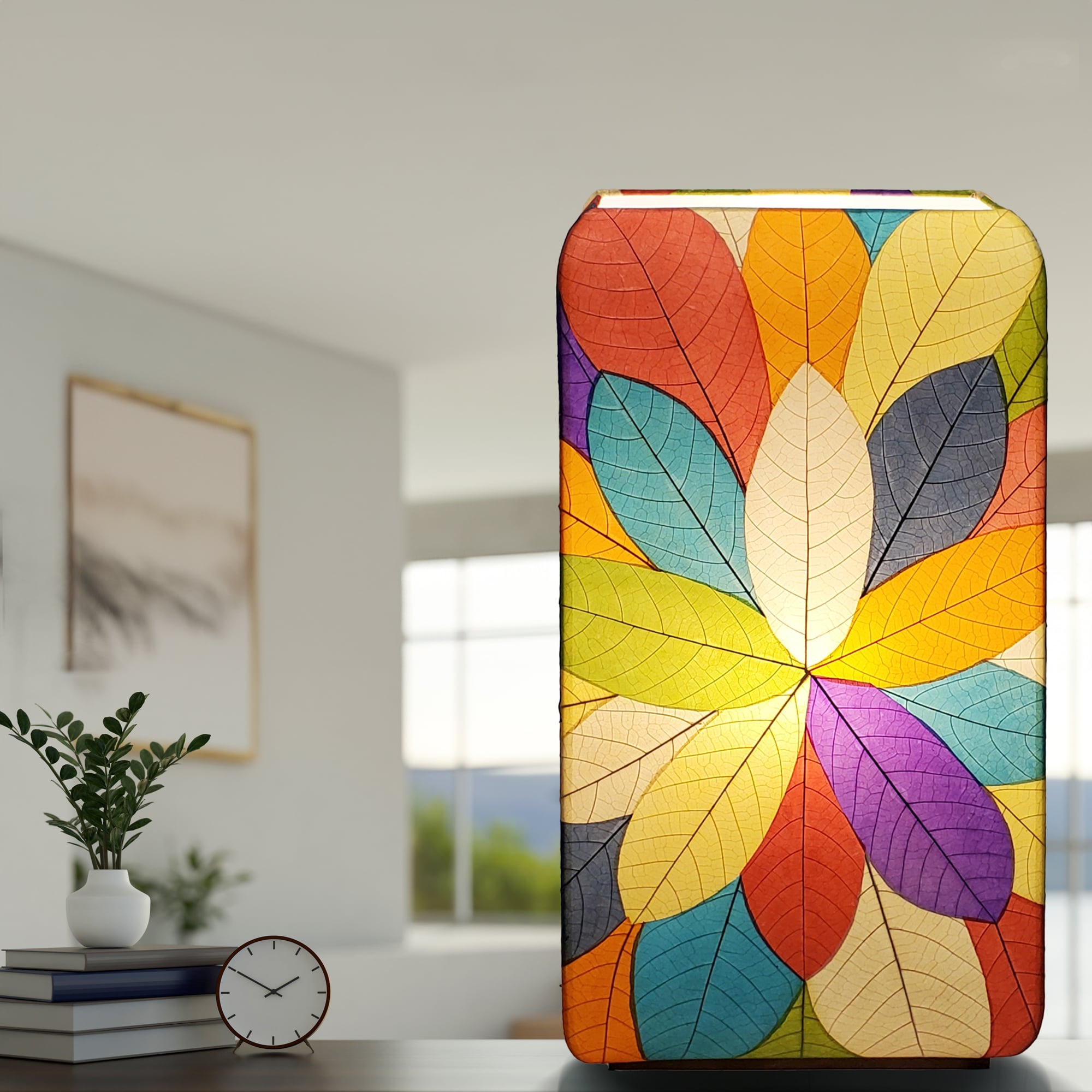 In a quiet bedside corner, crafted by the artisans of Eangee Home Design, the Sunburst Giant Floor Lamp in multi color stands gracefully, featuring fossilized cocoa leaf shade, fair trade, handcrafted, adding warmth and character to the space.
