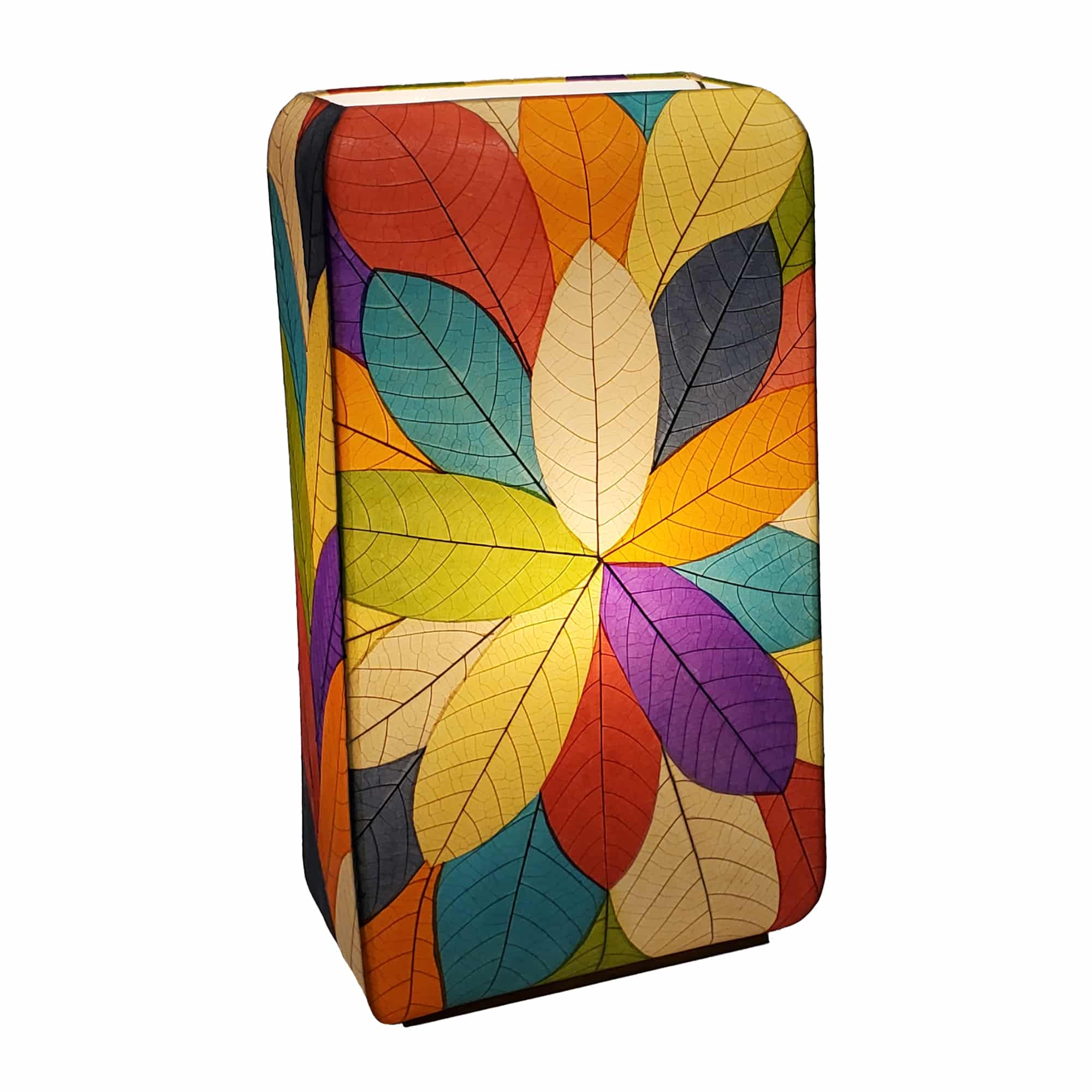 Crafted by the artisans of Eangee Home Design, the Sunburst Giant Floor Lamp in multi color against a clean backdrop, featuring fossilized cocoa leaf shade, fair trade, handcrafted.
