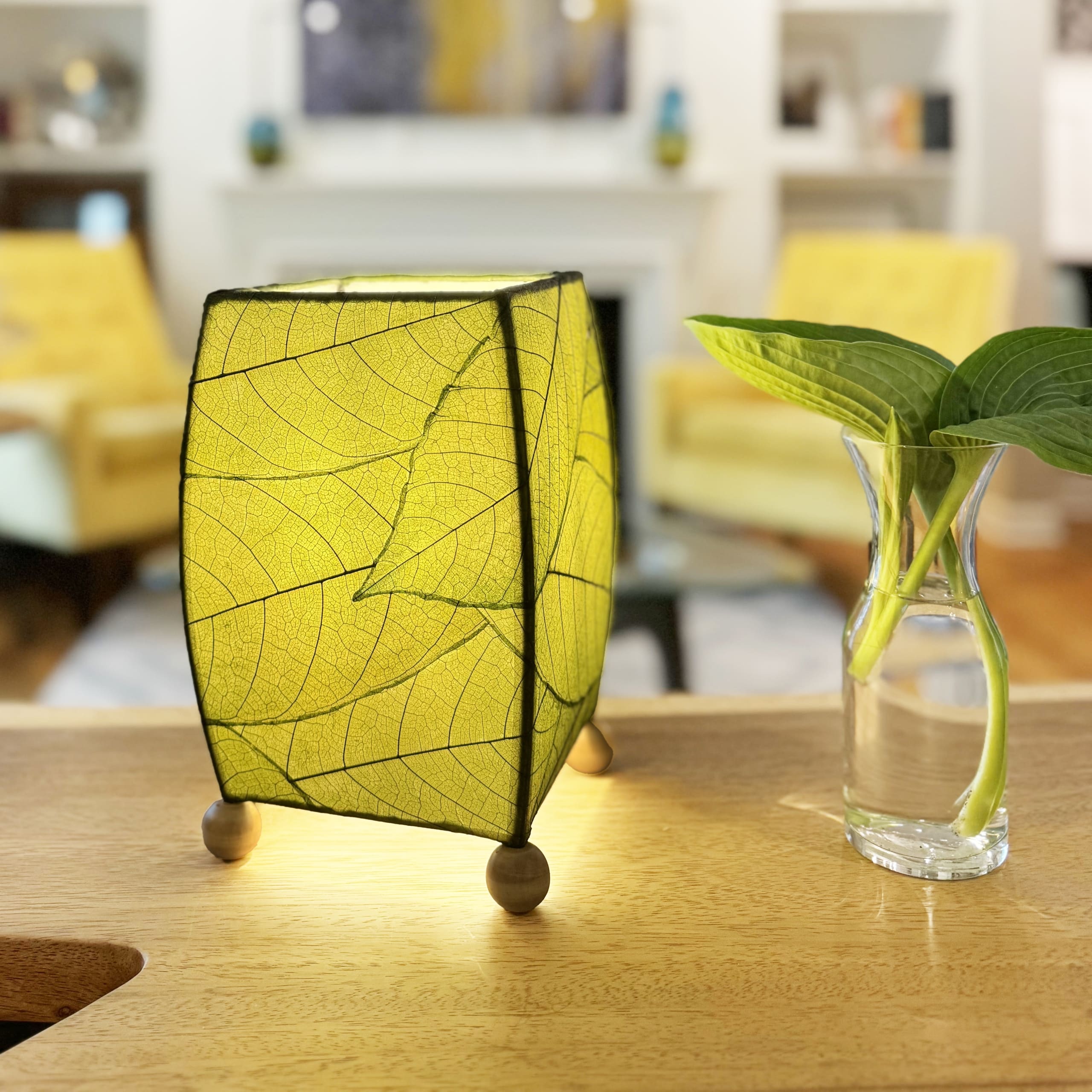 In a softly lit reading nook, crafted by the artisans of Eangee Home Design, the Mini Square Cocoa Leaf Table Lamp in green stands gracefully, featuring fossilized cocoa leaf shade, wrought iron frame, fair trade, eco friendly, sustainably sourced, handcrafted, adding warmth and character to the space.