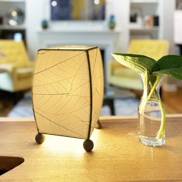 In a coastal inspired living room, crafted by the artisans of Eangee Home Design, the Mini Square Cocoa Leaf Table Lamp in natural stands gracefully, featuring fossilized cocoa leaf shade, wrought iron frame, fair trade, eco friendly, sustainably sourced, handcrafted, adding warmth and character to the space.