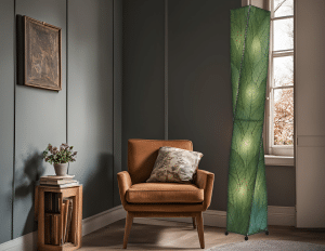 This warm chair is flanked by Eangee's giant twist lamp in green.