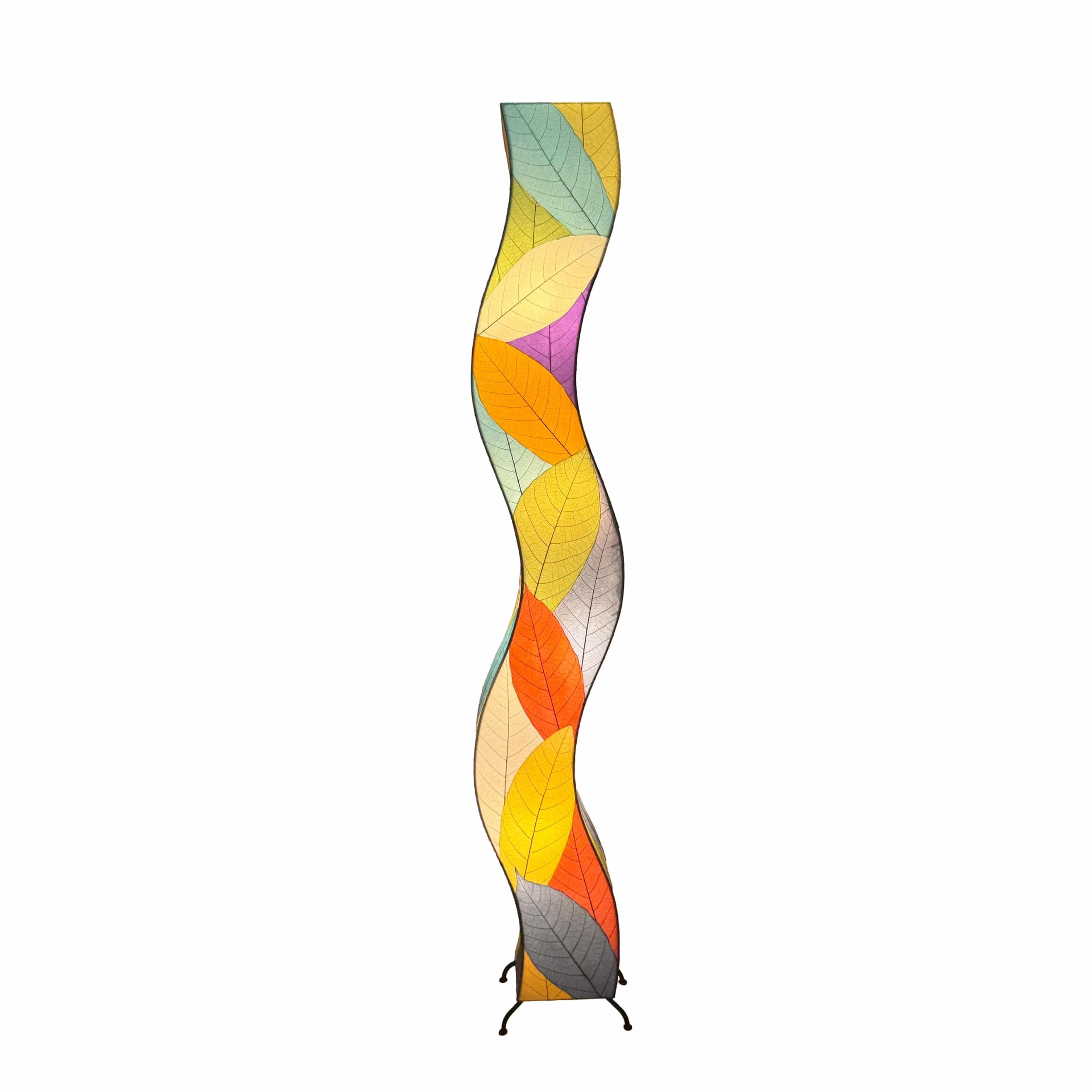 Crafted by the artisans of Eangee Home Design, the Wrapped Wave Floor Lamp in multi color against a clean backdrop, featuring fossilized cocoa leaf shade, wrought iron frame, eco friendly, sustainably sourced, handcrafted.