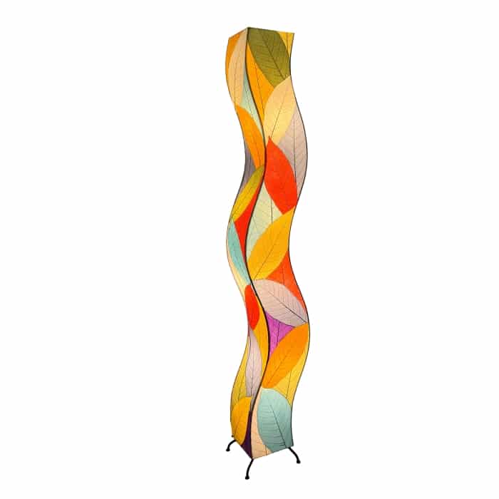 Crafted by the artisans of Eangee Home Design, the Wrapped Wave Floor Lamp in multi color against a clean backdrop, featuring fossilized cocoa leaf shade, wrought iron frame, eco friendly, sustainably sourced, handcrafted.