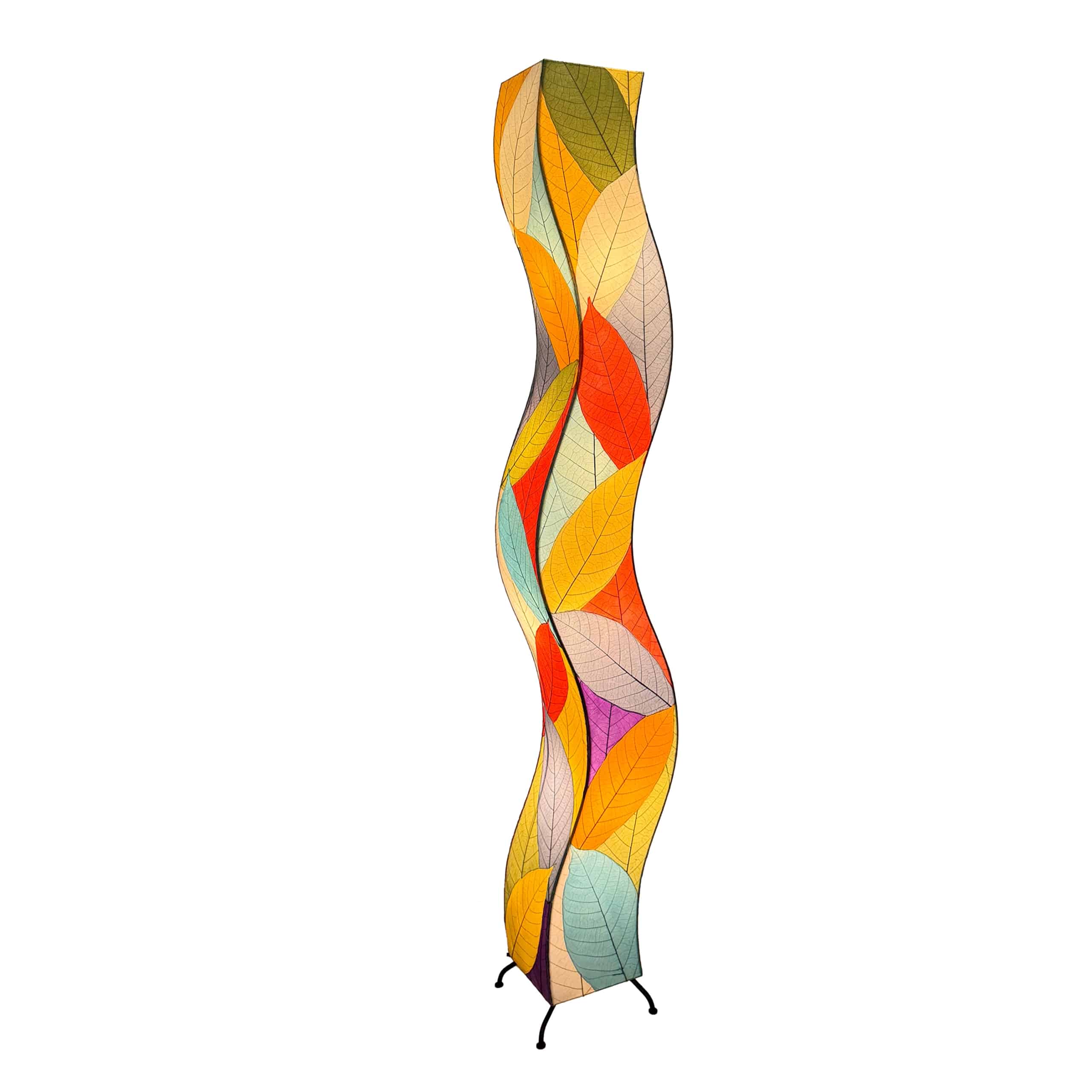 Crafted by the artisans of Eangee Home Design, the Wrapped Wave Floor Lamp in multi color against a clean backdrop, featuring fossilized cocoa leaf shade, wrought iron frame, eco friendly, sustainably sourced, handcrafted.