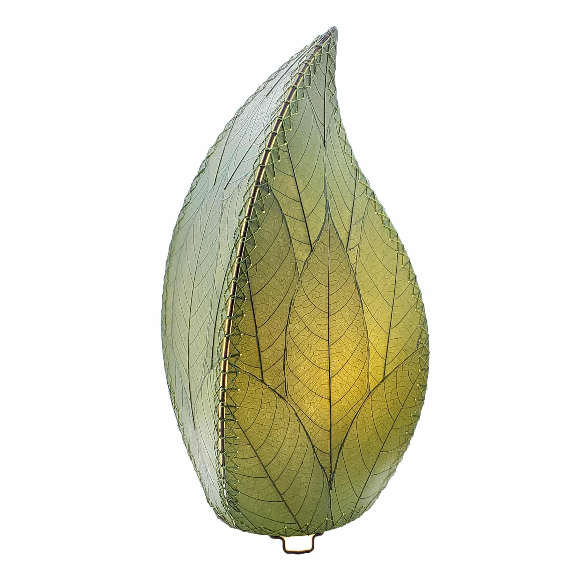 In a coastal inspired living room, crafted by the artisans of Eangee Home Design, the 24 Inch Leaflet Lamp in green stands gracefully, featuring fossilized cocoa leaf shade, abaca rope accents, wrought iron frame, handcrafted, adding warmth and character to the space.
