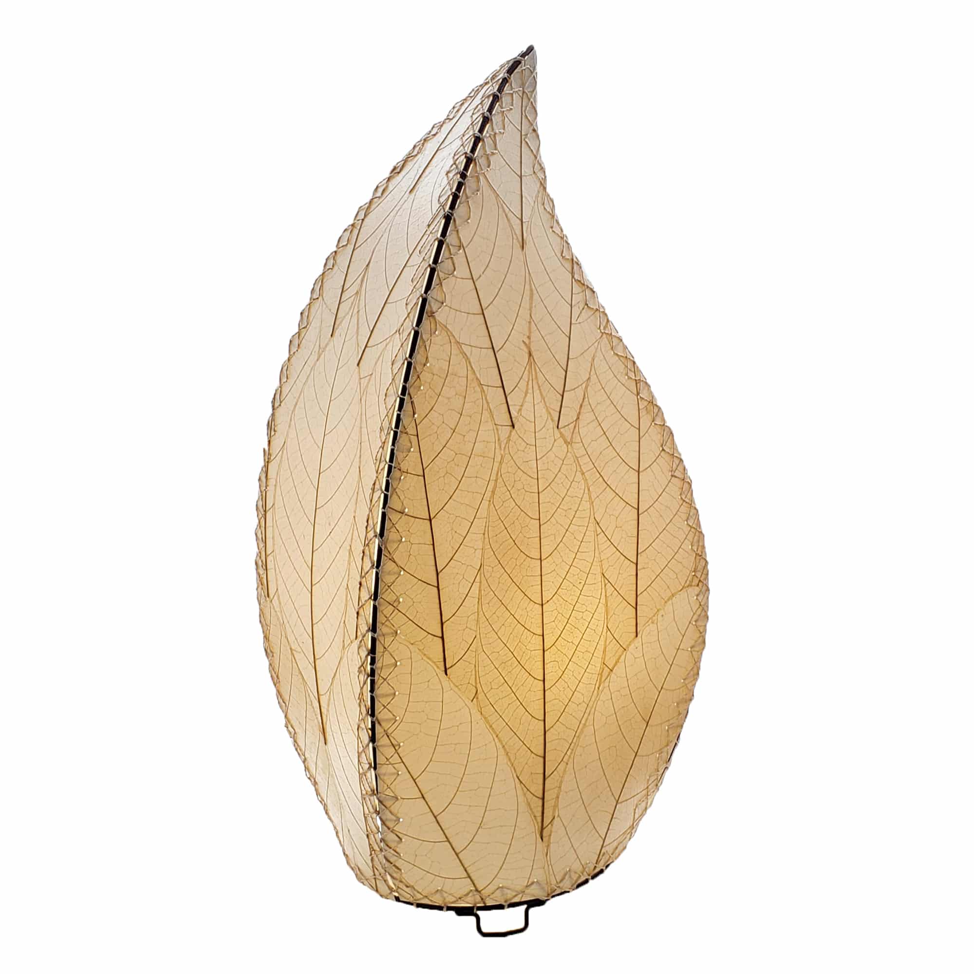 In a quiet bedside corner, crafted by the artisans of Eangee Home Design, the 24 Inch Leaflet Lamp in natural stands gracefully, featuring fossilized cocoa leaf shade, abaca rope accents, wrought iron frame, handcrafted, adding warmth and character to the space.