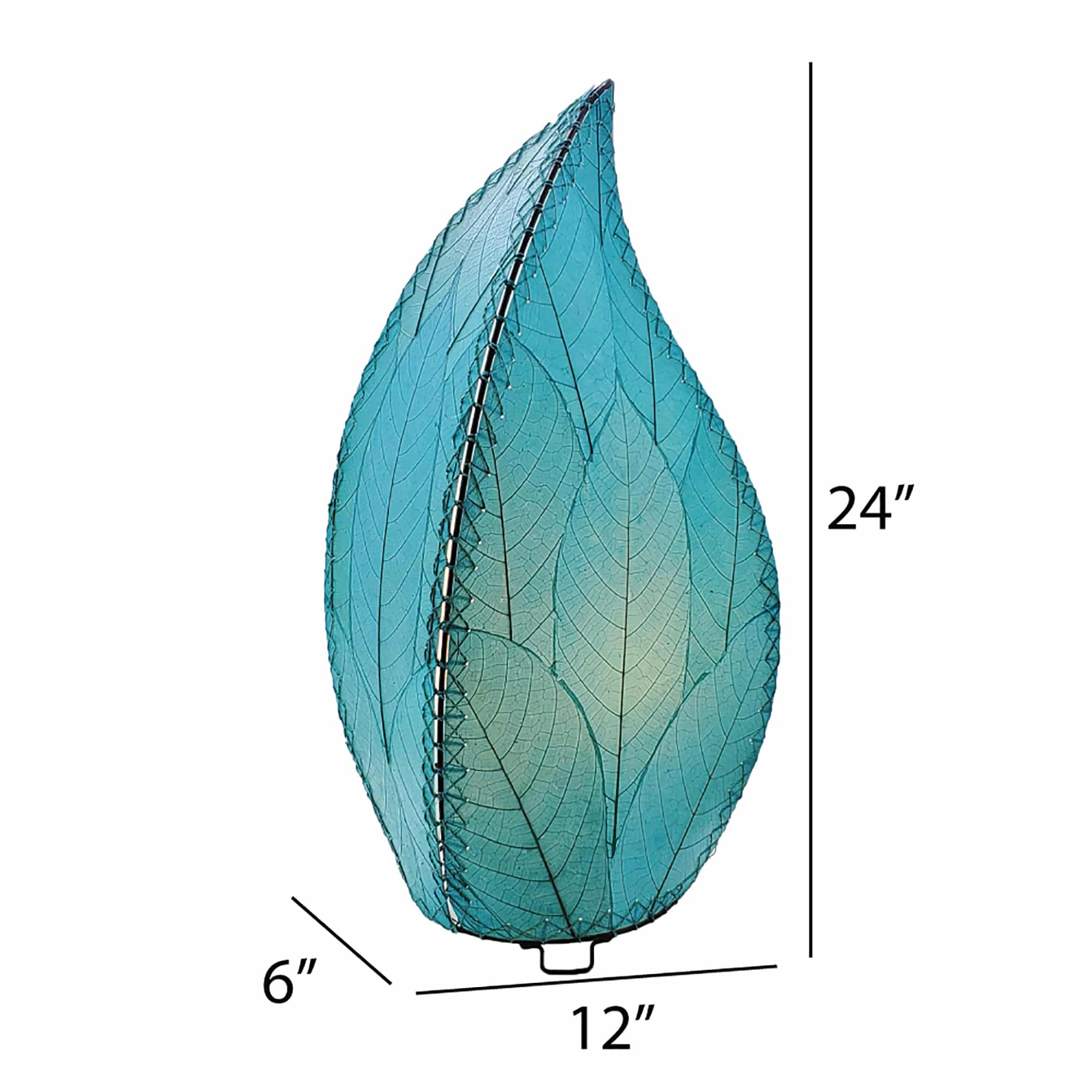 In a modern interior with earth tones, crafted by the artisans of Eangee Home Design, the 24 Inch Leaflet Lamp in sea blue stands gracefully, featuring fossilized cocoa leaf shade, abaca rope accents, wrought iron frame, handcrafted, adding warmth and character to the space.