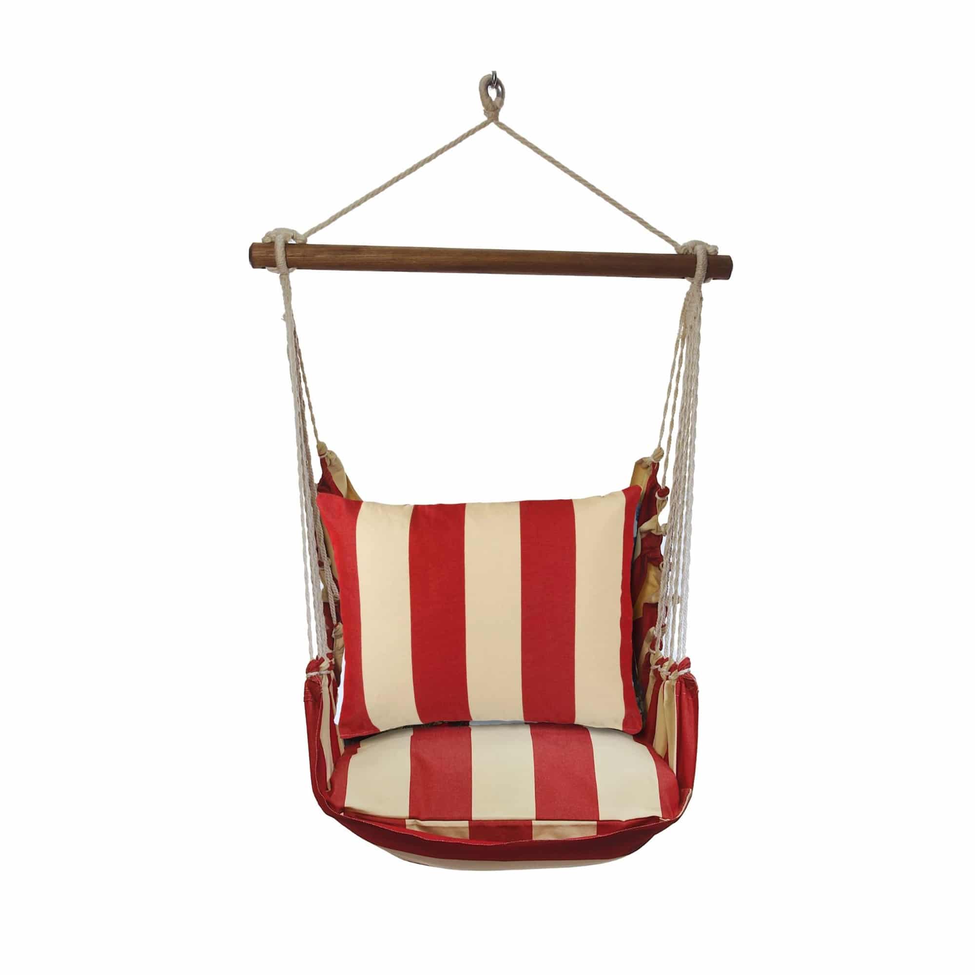 Multi colored outdoor swing crafted by the artisans of Magnolia Casual called the Swing Set 4 piece Americana Stripe w/ Americana Stripe featuring 100 percent weather resistant fabric, weather resistant polyester fabric, handcrafted shown against a clean backdrop featuring with a stripe motif.
