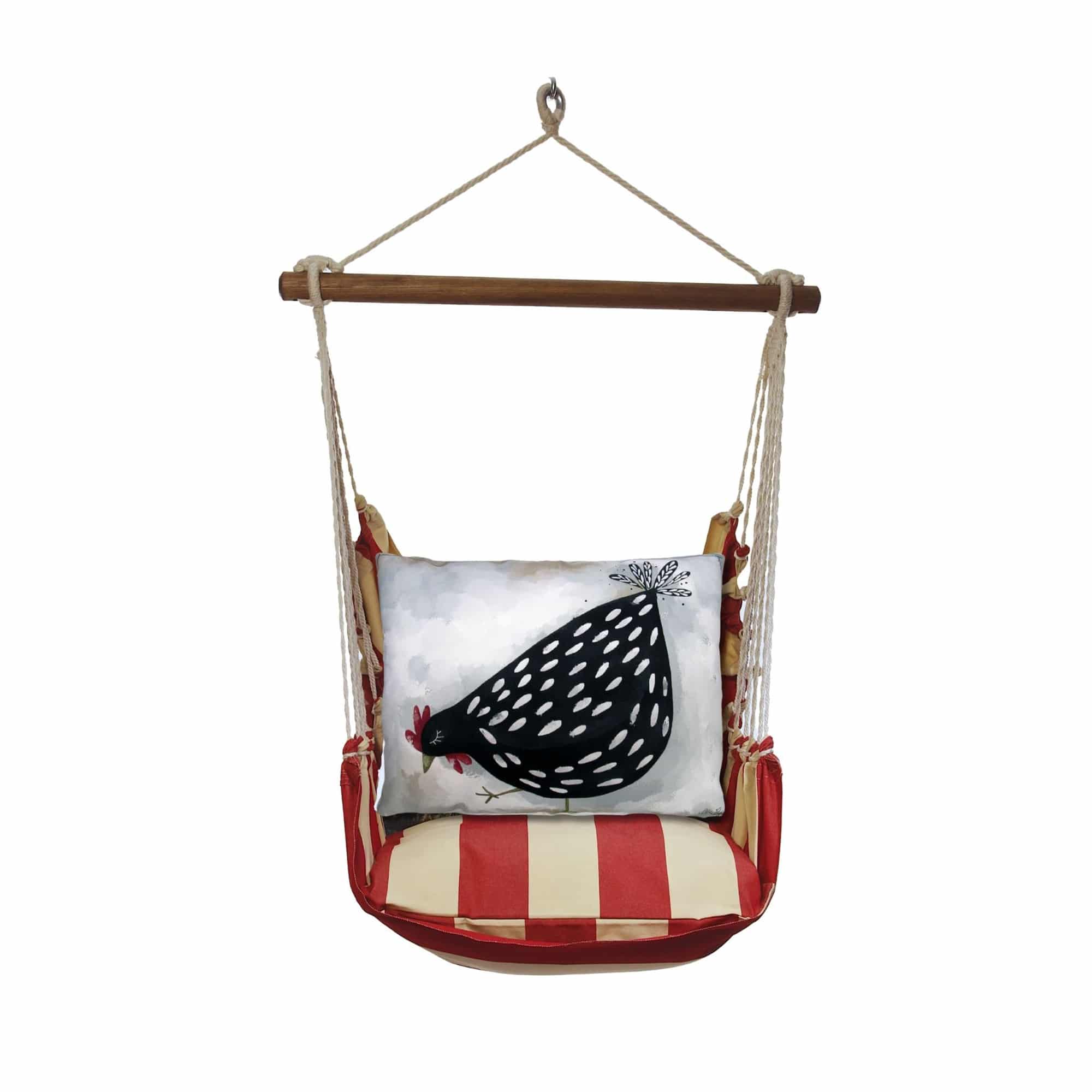 Multi colored outdoor swing crafted by the artisans of Magnolia Casual called the Swing Set 4 piece Americana Stripe w/ Good Chick featuring 100 percent weather resistant fabric, weather resistant polyester fabric, handcrafted shown against a clean backdrop featuring with a stripe motif.