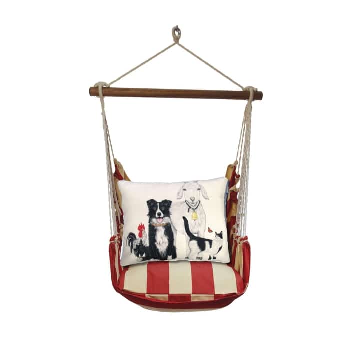 Multi colored outdoor swing crafted by the artisans of Magnolia Casual called the Swing Set 4 piece Americana Stripe w/ Dog and Farm Animals featuring 100 percent weather resistant fabric, weather resistant polyester fabric, handcrafted shown against a clean backdrop featuring with a stripe motif.