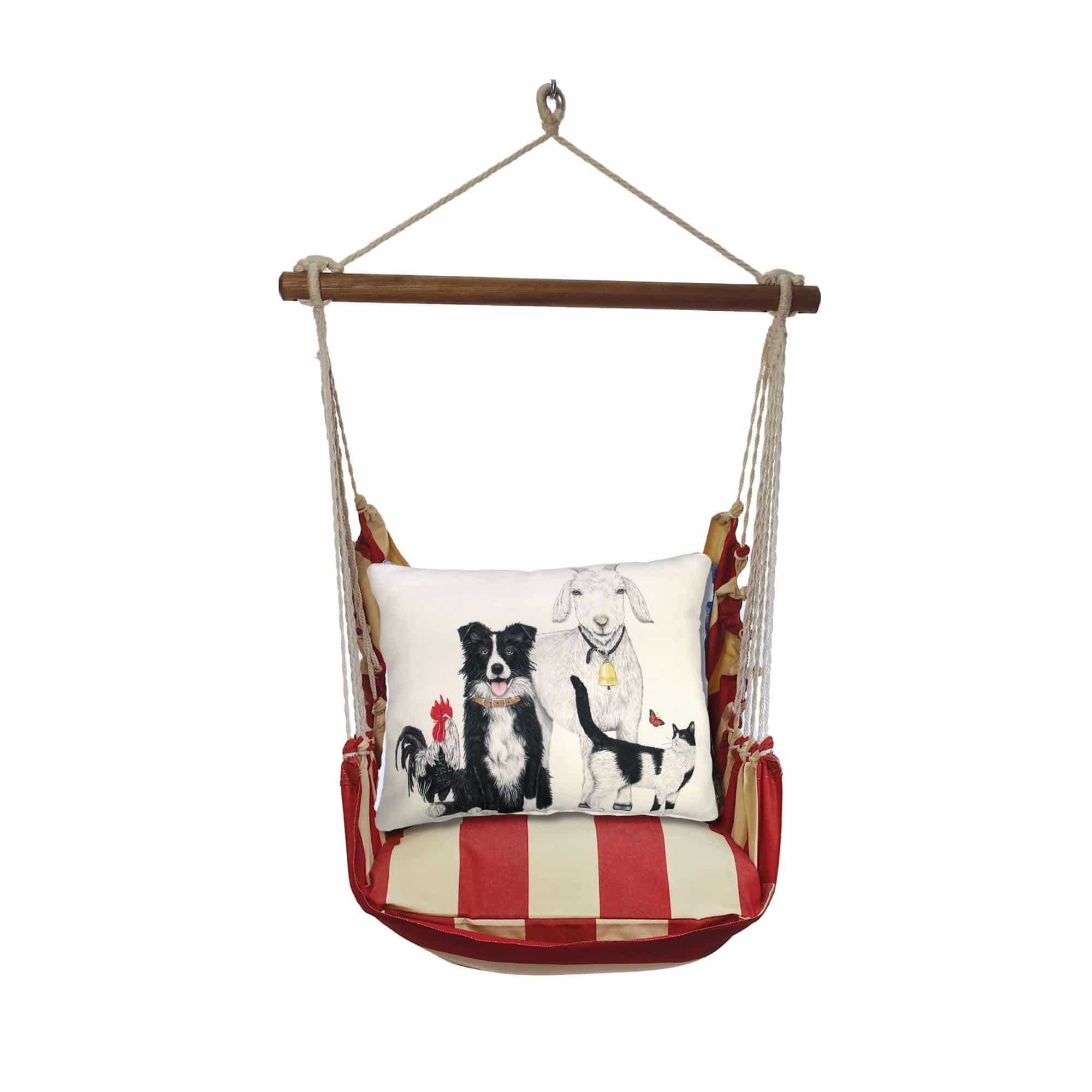 Multi colored outdoor swing crafted by the artisans of Magnolia Casual called the Swing Set 4 piece Americana Stripe w/ Dog and Farm Animals featuring 100 percent weather resistant fabric, weather resistant polyester fabric, handcrafted shown against a clean backdrop featuring with a stripe motif.
