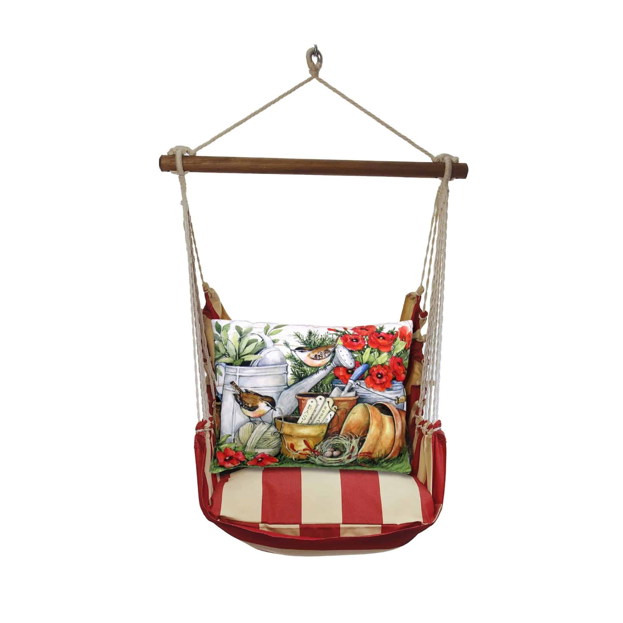 Multi colored outdoor swing crafted by the artisans of Magnolia Casual called the Swing Set 4 piece Americana Stripe w/ Watering Can and Flower Pots featuring 100 percent weather resistant fabric, weather resistant polyester fabric, handcrafted shown against a clean backdrop featuring with a stripe motif.