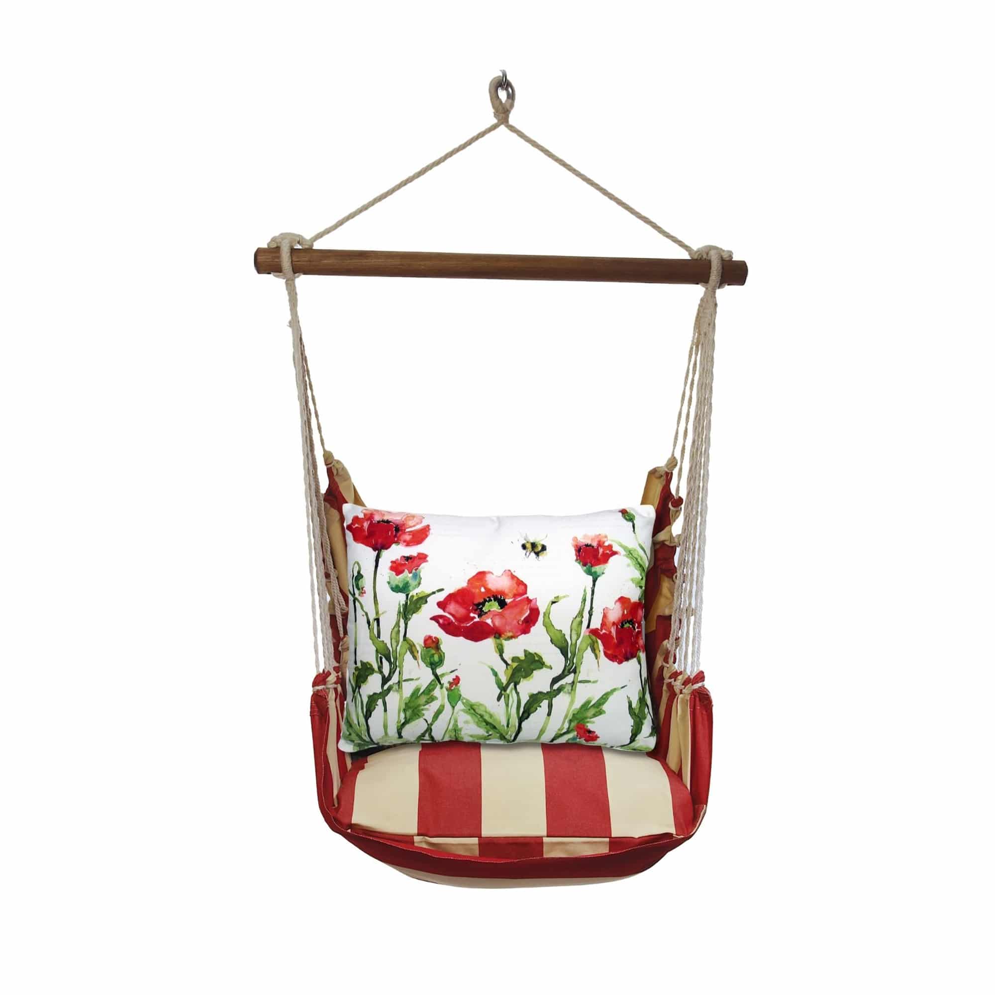 Multi colored outdoor swing crafted by the artisans of Magnolia Casual called the Swing Set 4 piece Americana Stripe w/ Poppies & Bee featuring 100 percent weather resistant fabric, weather resistant polyester fabric, handcrafted shown against a clean backdrop featuring with a stripe motif.