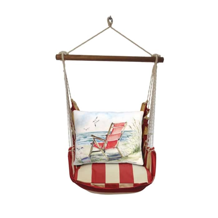 Red outdoor swing crafted by the artisans of Magnolia Casual called the Swing Set 4 piece Americana Stripe w/ Red Beach Chair featuring 100 percent weather resistant fabric, weather resistant polyester fabric, handcrafted shown against a clean backdrop featuring with a stripe motif and shades of red.