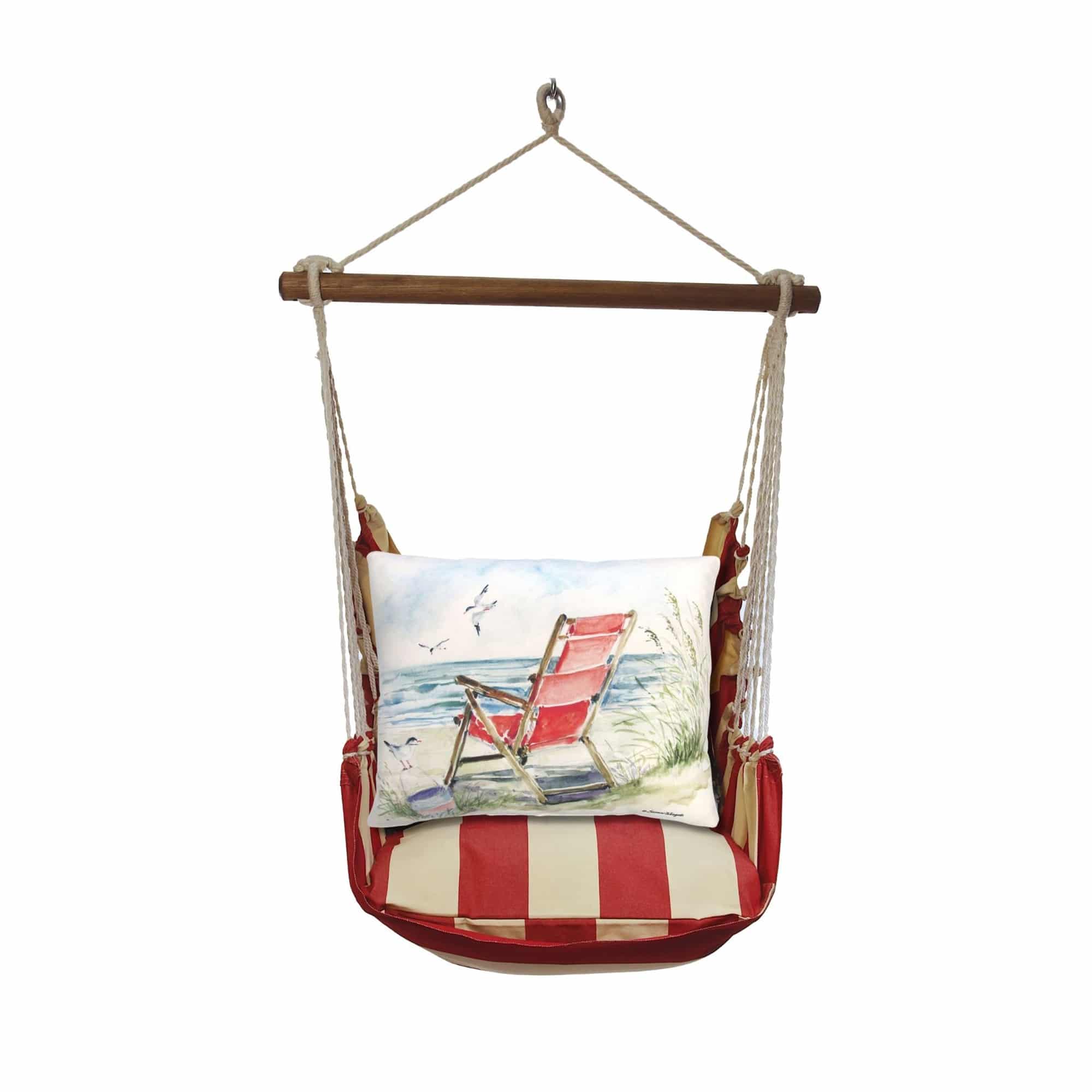 Red outdoor swing crafted by the artisans of Magnolia Casual called the Swing Set 4 piece Americana Stripe w/ Red Beach Chair featuring 100 percent weather resistant fabric, weather resistant polyester fabric, handcrafted shown against a clean backdrop featuring with a stripe motif and shades of red.