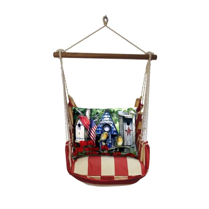 Multi colored outdoor swing crafted by the artisans of Magnolia Casual called the Swing Set 4 piece Americana Stripe w/ Americana Birdhouses featuring 100 percent weather resistant fabric, weather resistant polyester fabric, handcrafted shown against a clean backdrop featuring with a stripe motif.
