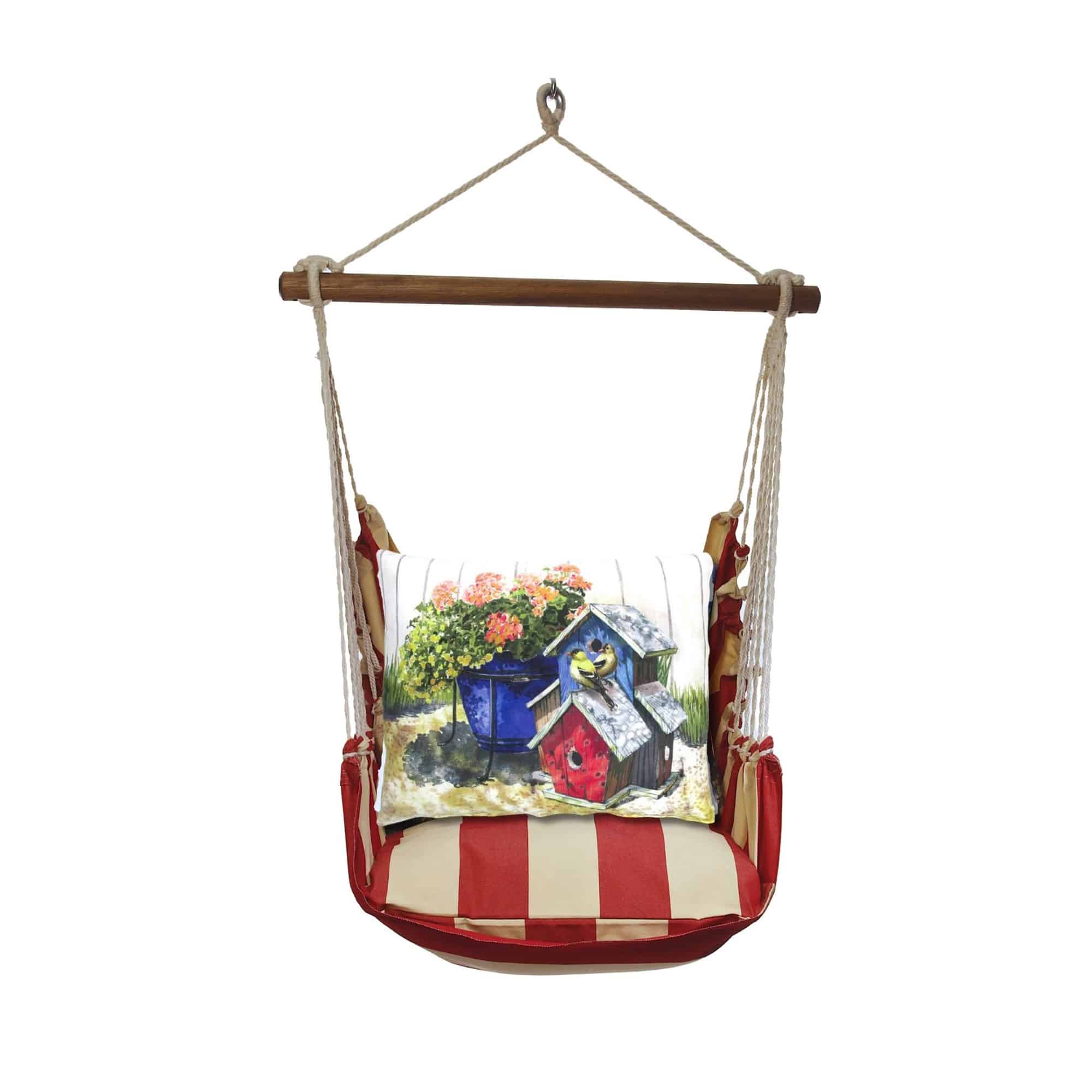 Multi colored outdoor swing crafted by the artisans of Magnolia Casual called the Swing Set 4 piece Americana Stripe w/ Birdhouses & Flowers featuring 100 percent weather resistant fabric, weather resistant polyester fabric, handcrafted shown against a clean backdrop featuring with a stripe motif.