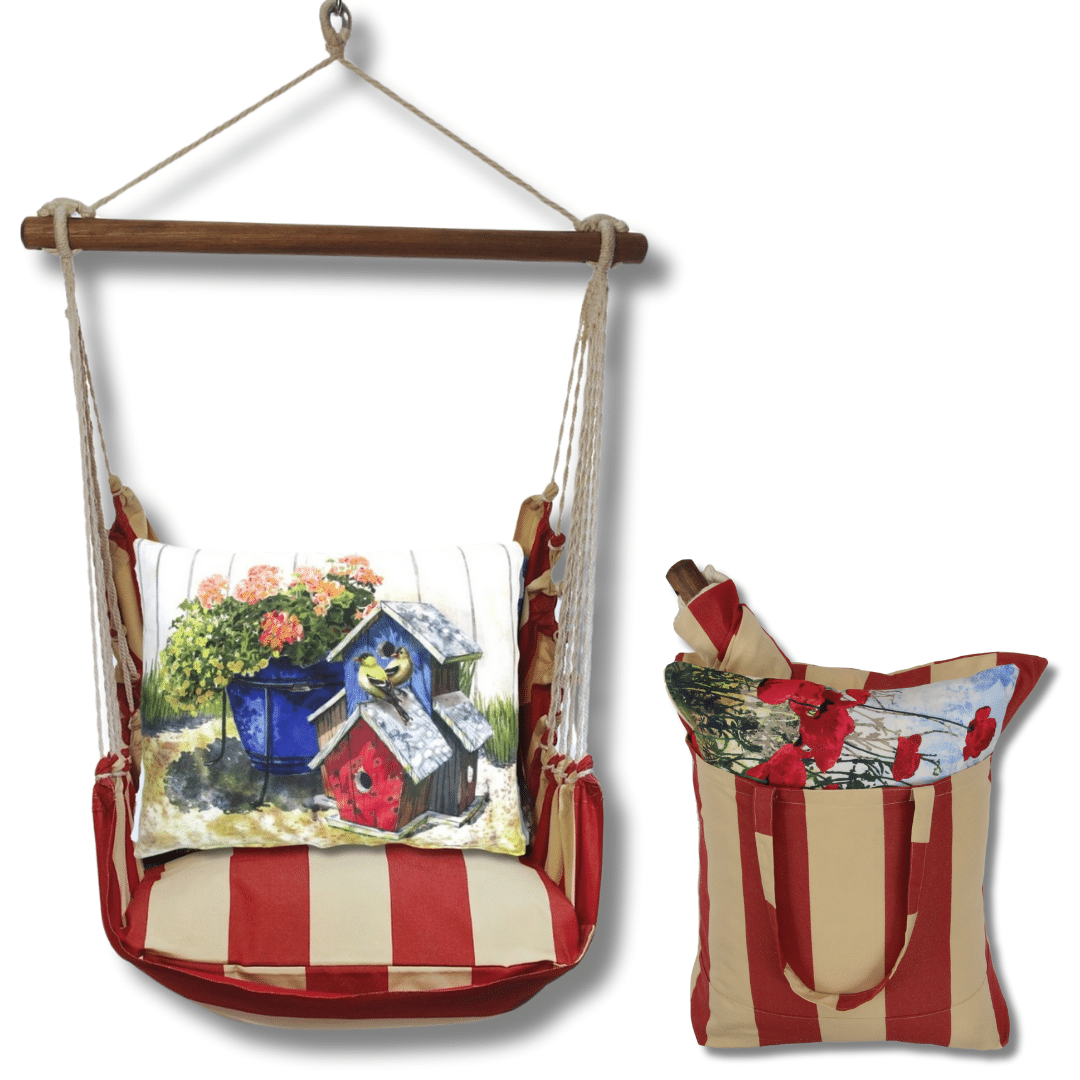 Multi colored outdoor swing crafted by the artisans of Magnolia Casual called the Swing Set 4 piece Americana Stripe w/ Birdhouses & Flowers featuring 100 percent weather resistant fabric, weather resistant polyester fabric, handcrafted shown against a clean backdrop featuring with a stripe motif.