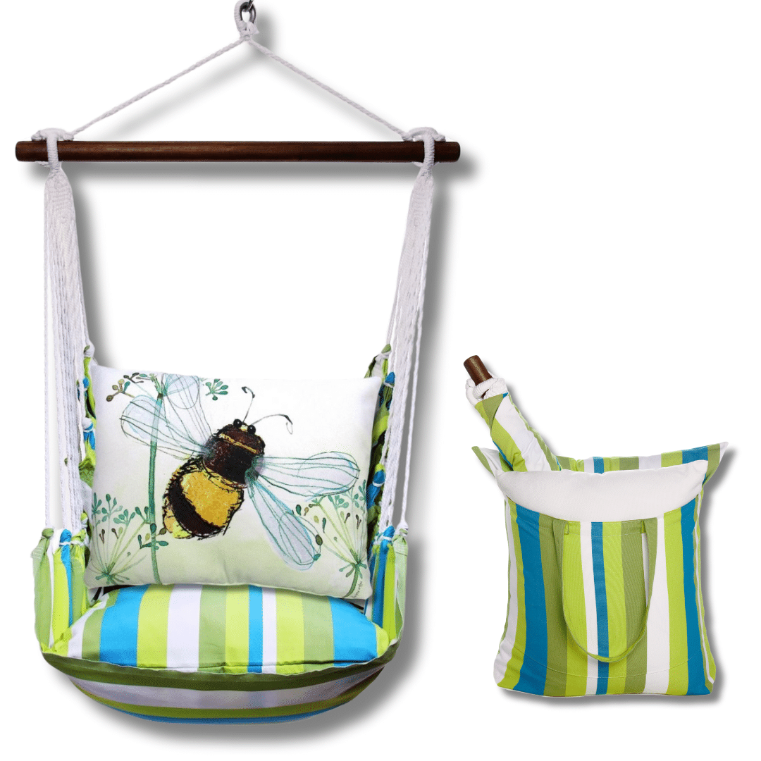 Multi colored outdoor swing crafted by the artisans of Magnolia Casual called the Swing Set 4 piece Beach Boulevard Stripe w/ Bumblebee Bee Wisp featuring 100 percent weather resistant fabric, weather resistant polyester fabric shown against a clean backdrop featuring with a stripe motif.
