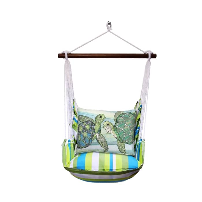 Sea outdoor swing crafted by the artisans of Magnolia Casual called the Swing Set 4 piece Beach Boulevard Stripe w/ Sea Turtle Pair featuring 100 percent weather resistant fabric, weather resistant polyester fabric shown against a clean backdrop featuring with a stripe motif.
