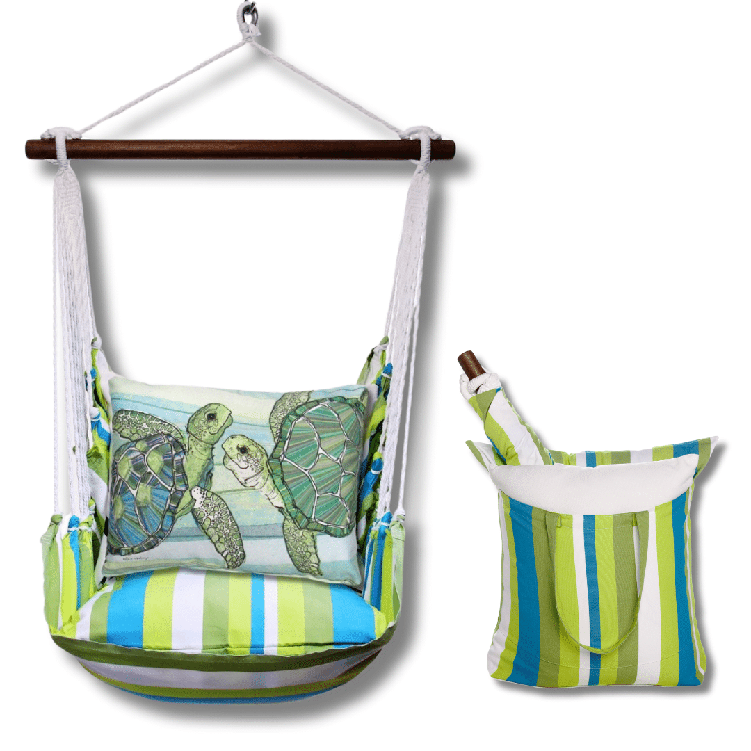 Sea outdoor swing crafted by the artisans of Magnolia Casual called the Swing Set 4 piece Beach Boulevard Stripe w/ Sea Turtle Pair featuring 100 percent weather resistant fabric, weather resistant polyester fabric shown against a clean backdrop featuring with a stripe motif.