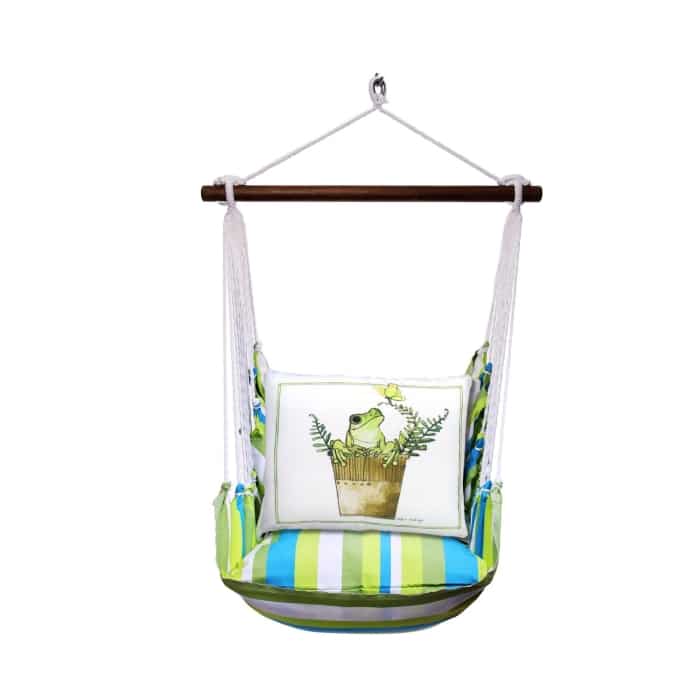 Multi colored outdoor swing crafted by the artisans of Magnolia Casual called the Swing Set 4 piece Beach Boulevard Stripe w/ Frog in Pot featuring 100 percent weather resistant fabric, weather resistant polyester fabric shown against a clean backdrop featuring with a stripe motif.