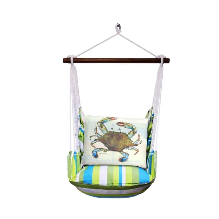 Multi colored outdoor swing crafted by the artisans of Magnolia Casual called the Swing Set 4 piece Beach Boulevard Stripe w/ Traditional Crab featuring 100 percent weather resistant fabric, weather resistant polyester fabric shown against a clean backdrop featuring with a stripe motif.